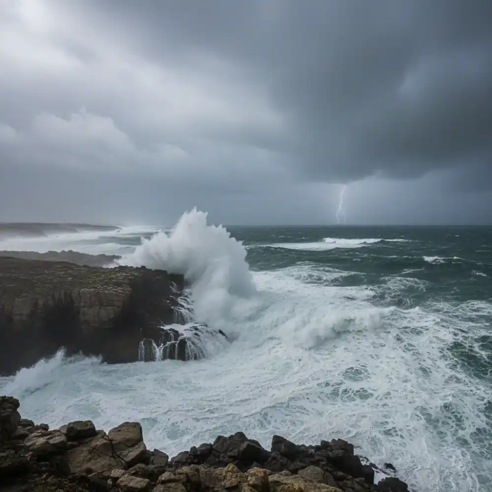 Dramatic stormy waves crashing against rugged coastlines