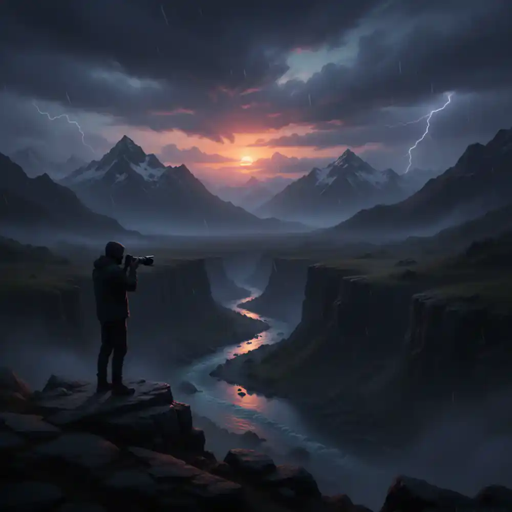 Photographer silhouette against a dramatic wild nature landscape