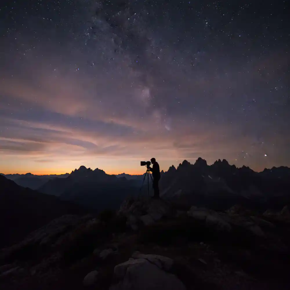 Photographer silhouetted against a dramatic mountain and night sky landscape