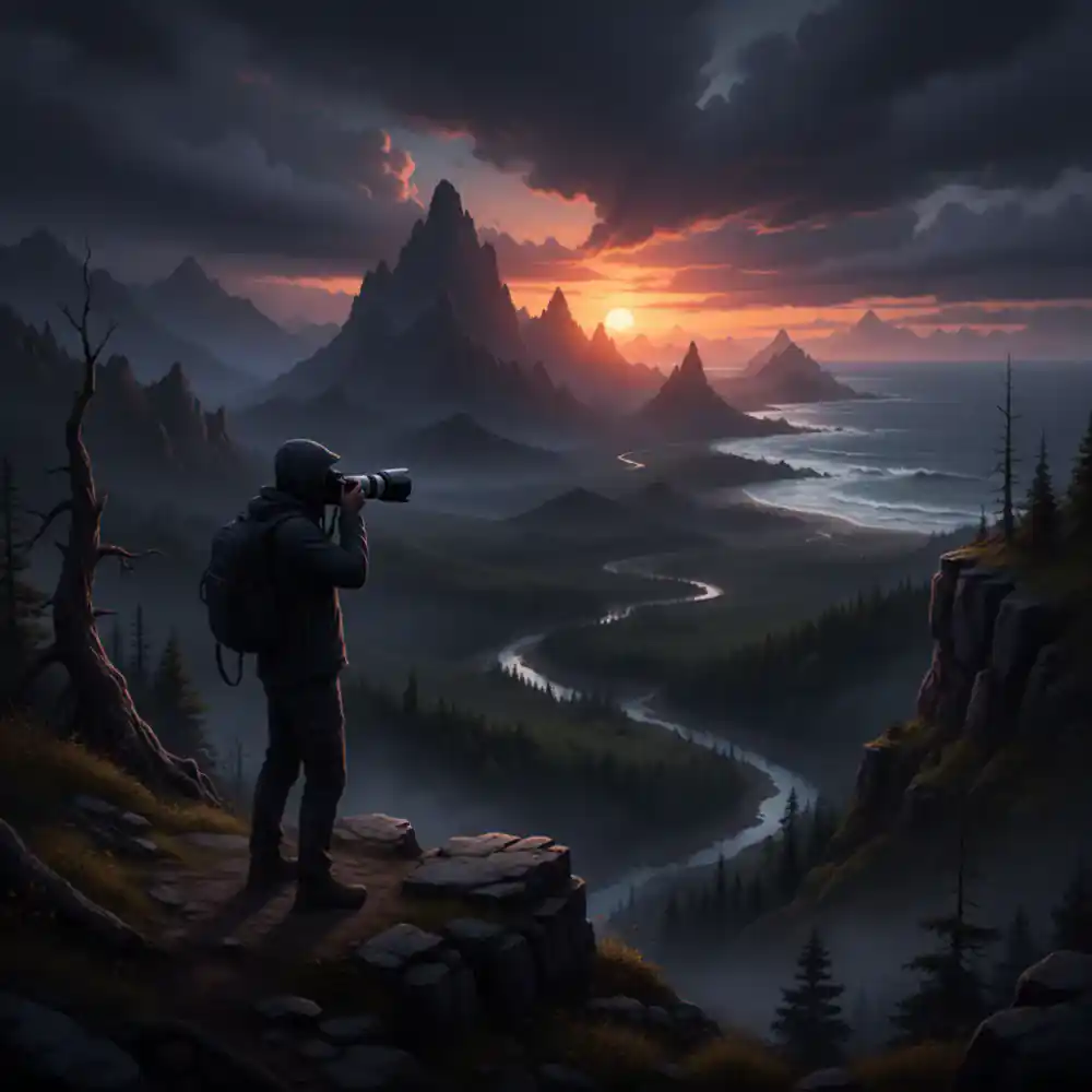Photographer silhouette against a dramatic wild nature landscape