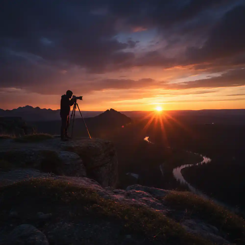 Silhouette of a photographer against a dramatic wild nature sunrise