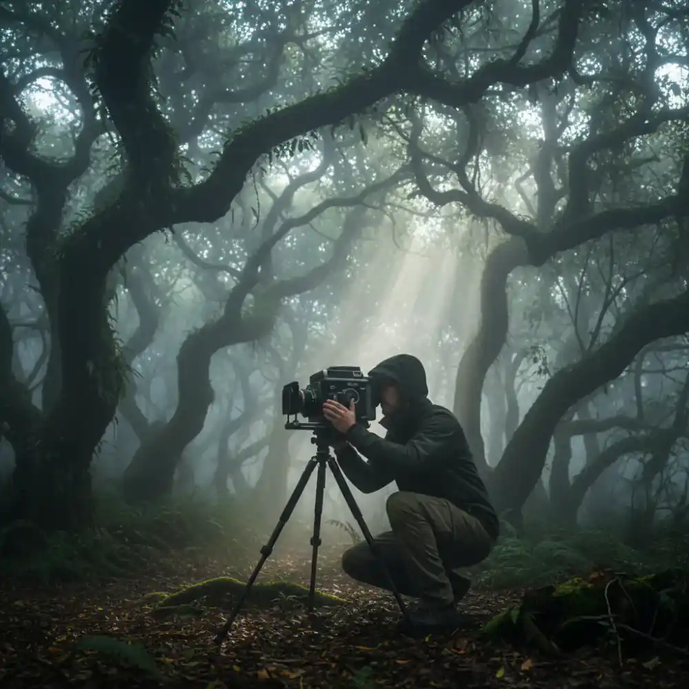 Photographer adjusting camera settings in a misty ancient forest