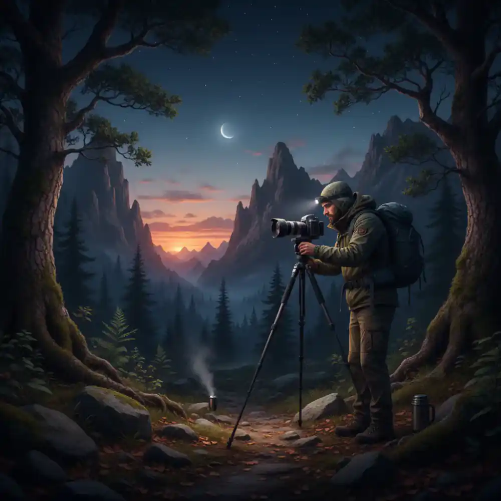 Photographer setting up a tripod in the wilderness