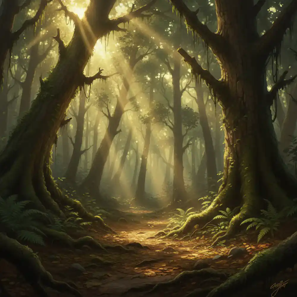Sun rays piercing through thick canopy in an ancient forest