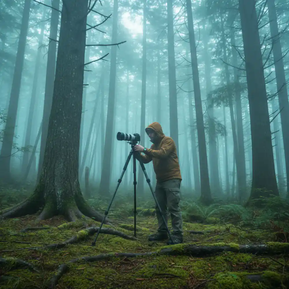 Photographer setting up a tripod in a dense, misty forest