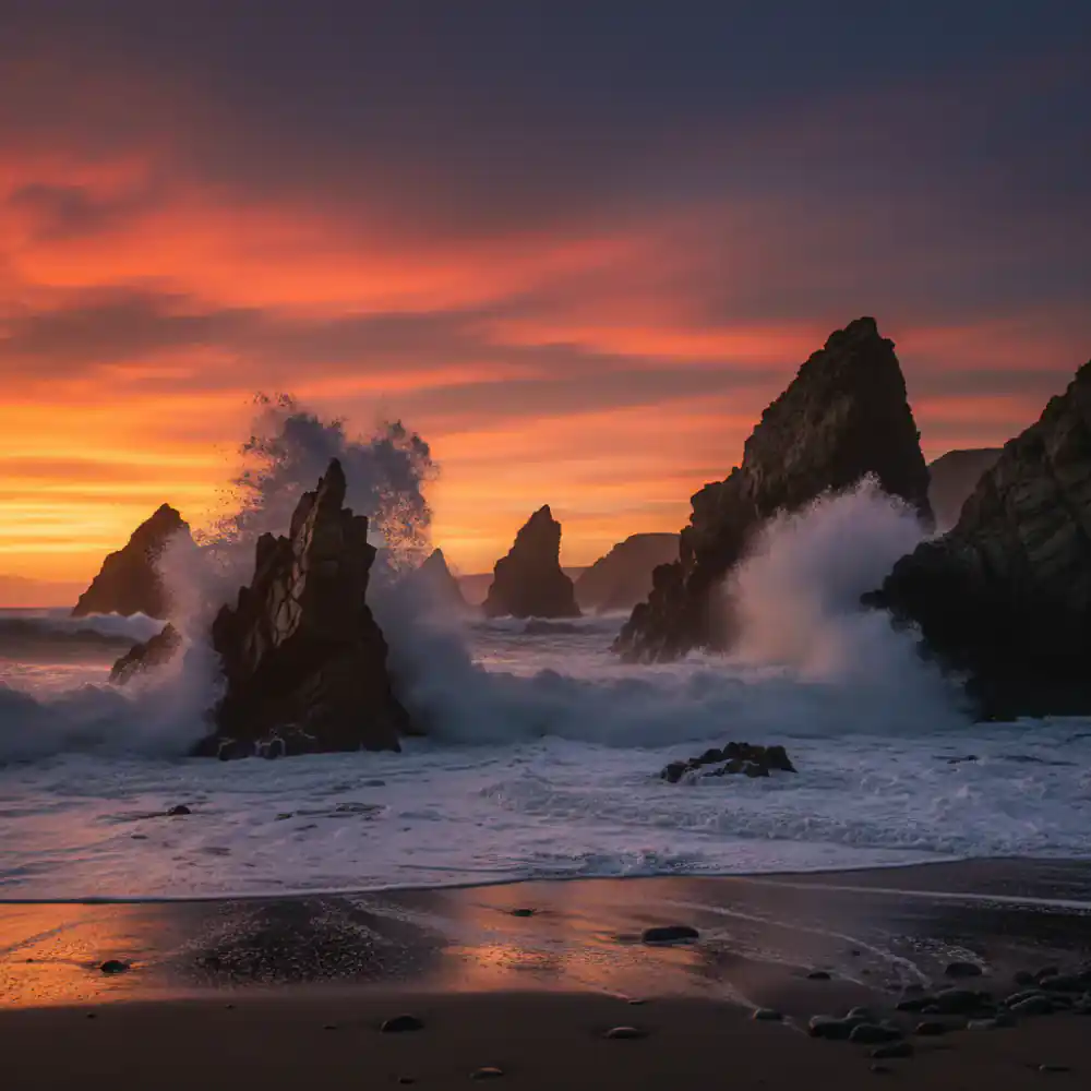 Crashing waves against sharp coastal cliffs at sunset