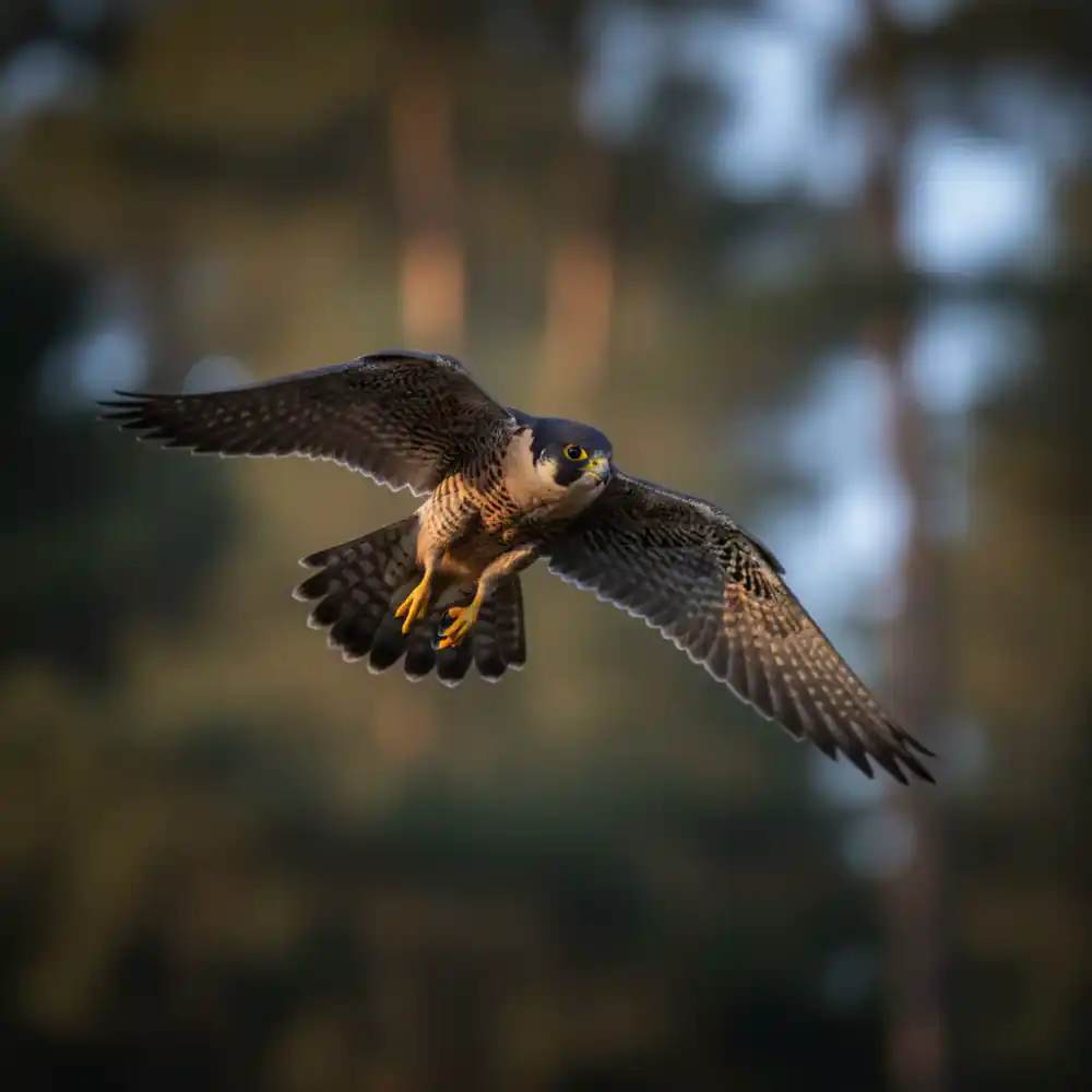 Bird of prey captured mid-flight against a soft natural background